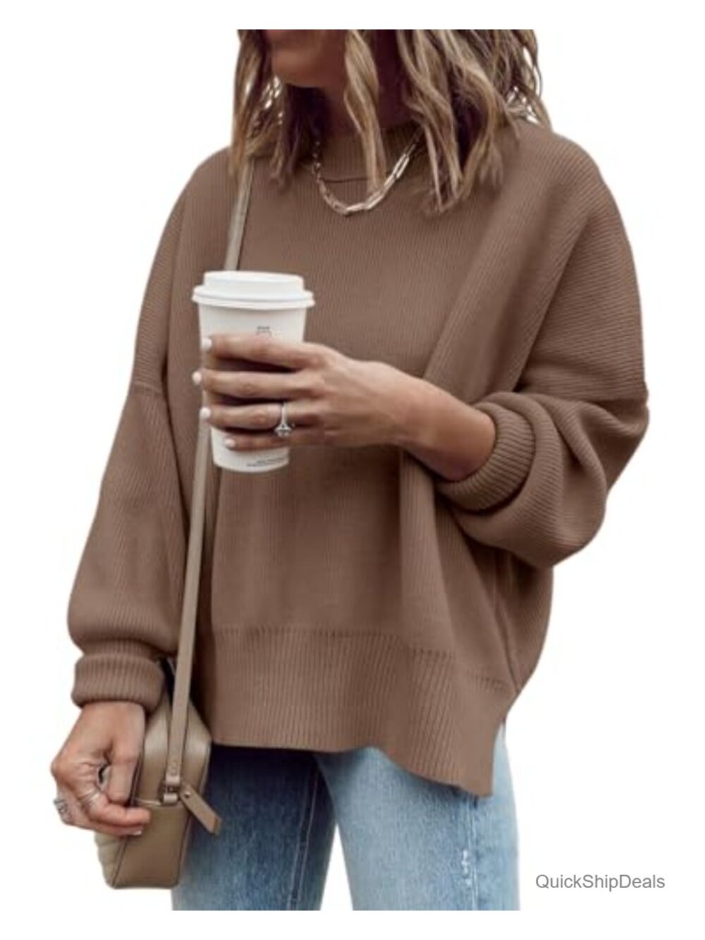 Women's Oversized Tunic Sweater Fall Pullover with Rib Texture and Side Slit